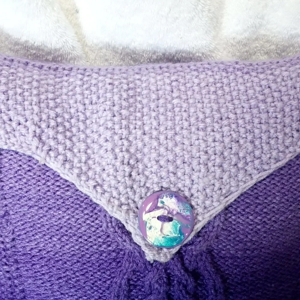 Hand Crafted Knit Throw Pillow Purple Cable Hand Painted Resin Buttons D…